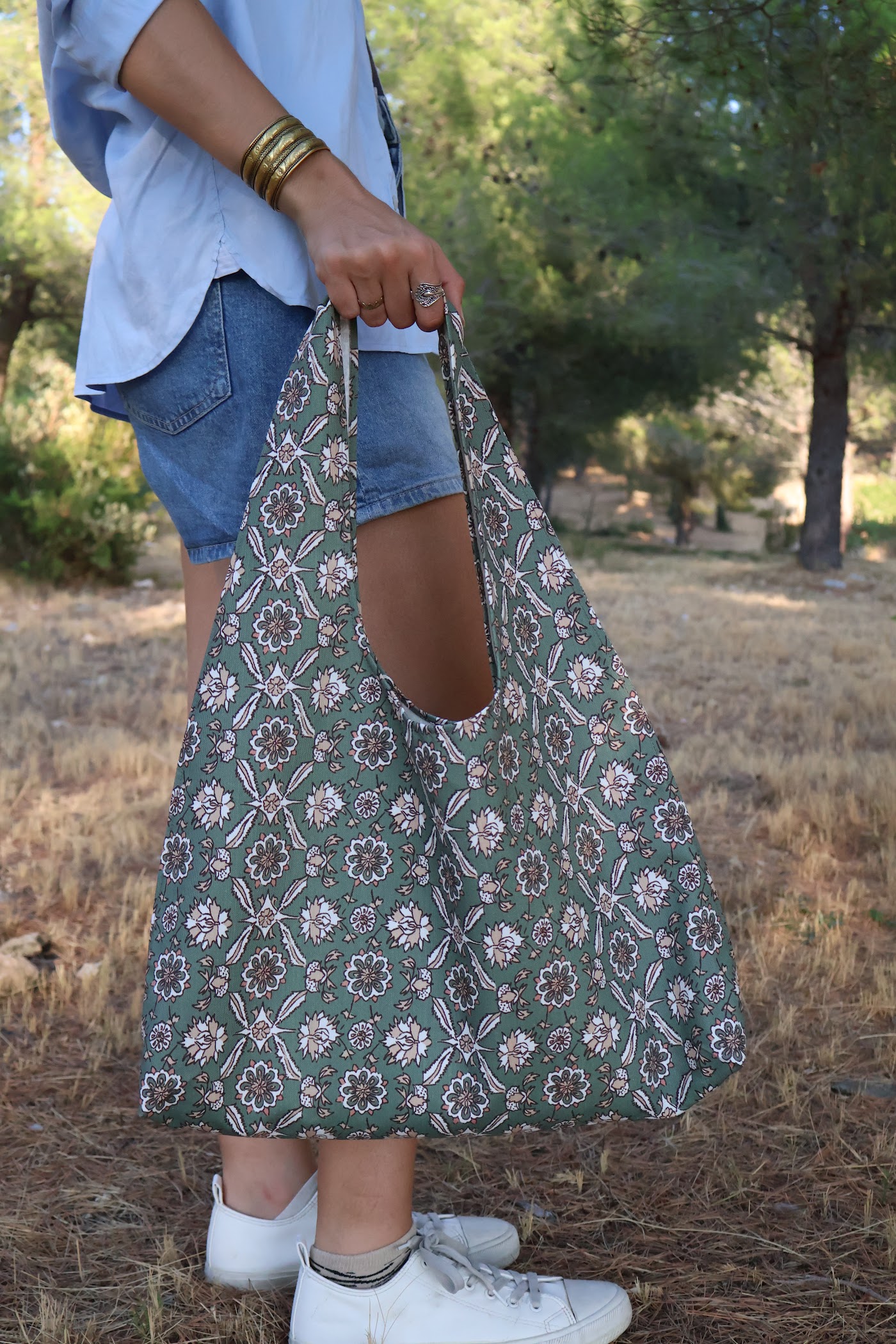 Sac Madeleine — Chute d'ameublement couleur vert et beige - coton épais