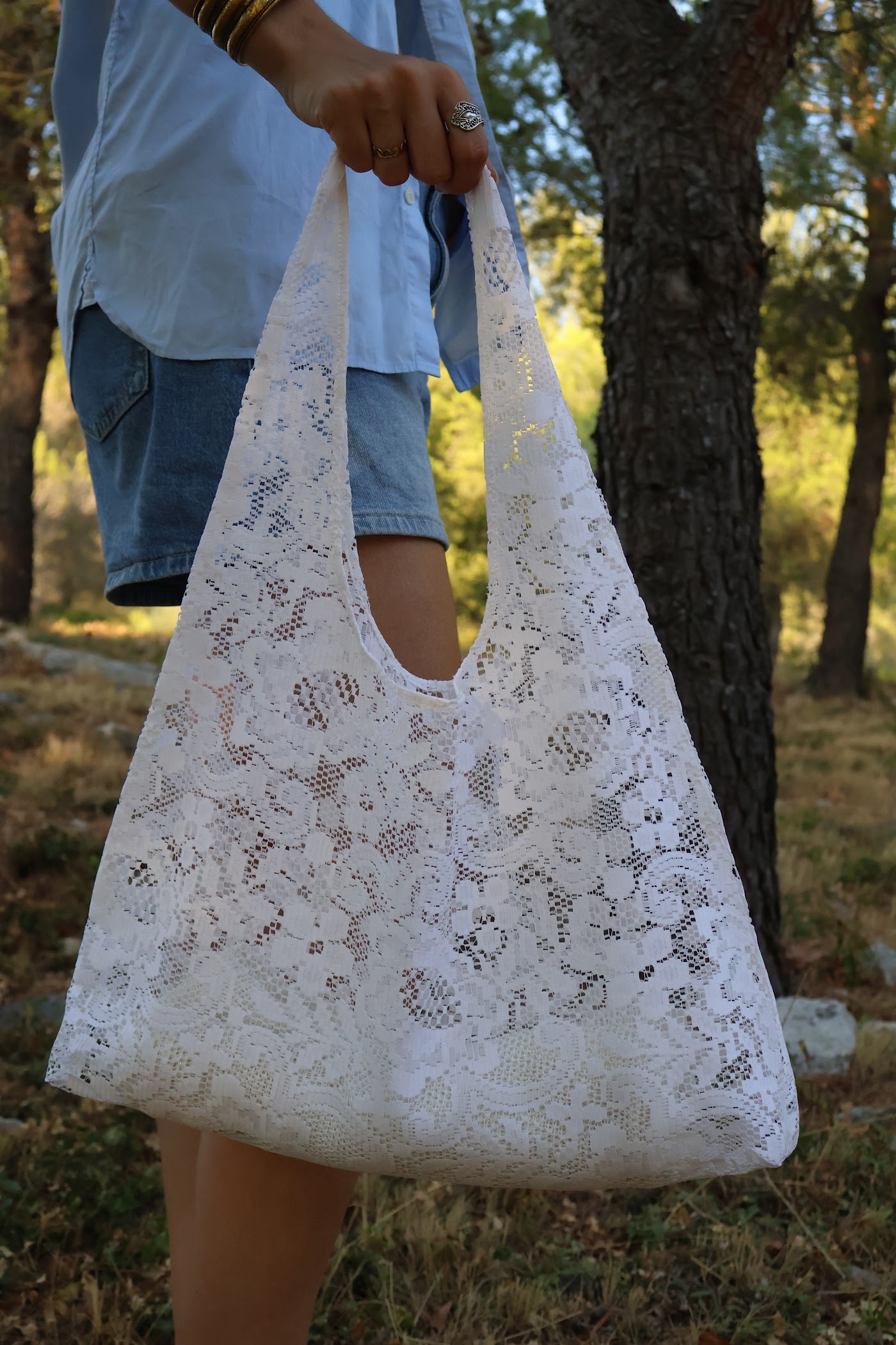 Sac Madeleine — Ancien rideau - étamine de coton ajouré